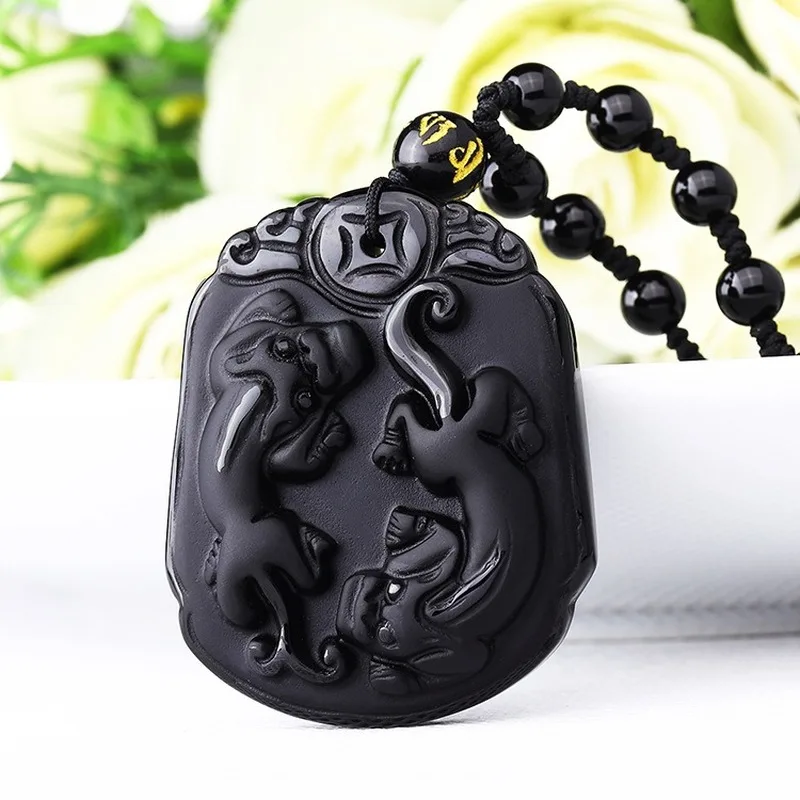 

Natural Black Obsidian Double Pendant Fashion Jewelry Men's and Women's Necklaces for Good Luck and Safety