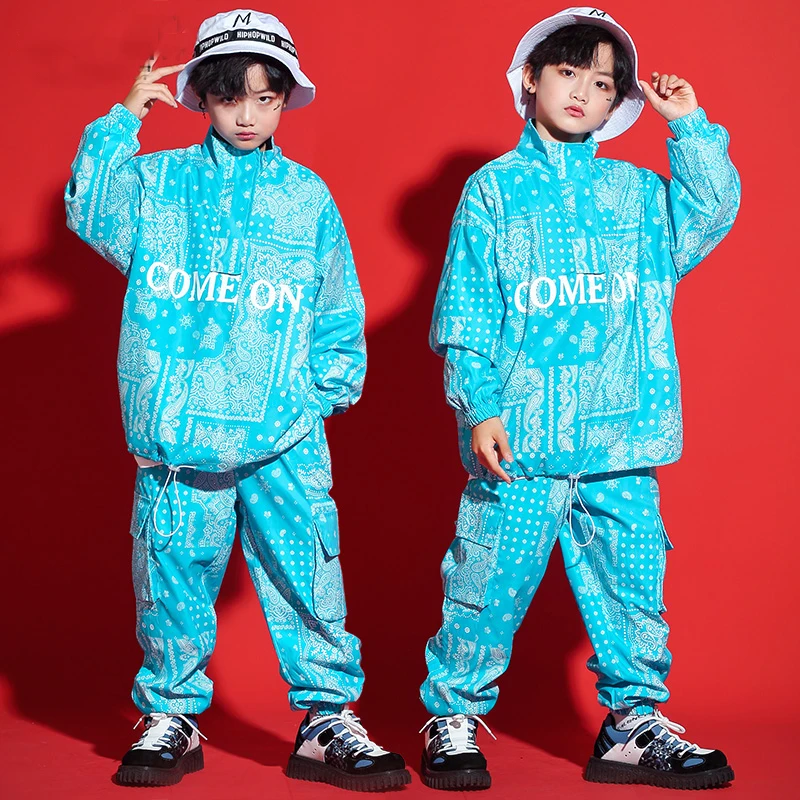 

Kids Kpop Outfit Hip Hop Clothing Blue Sweatshirt Cargo Pants For Girls Boys Jazz Dance Costume Street Dance Clothes SL5626