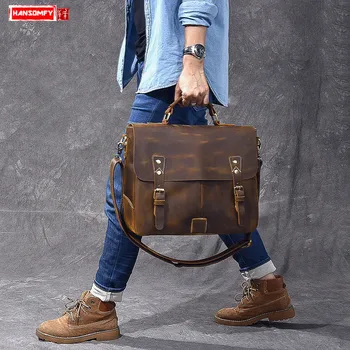 

Retro Men's Handbag Messenger Bag Portable Male 14 Inch Laptop Briefcase Shoulder Crossbody Bag Crazy Horse Skin Genuine Leather