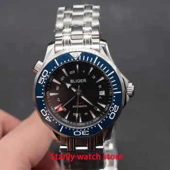 

Solid Bliger 41mm black dial luminous marks blue ceramic bezel GMT function stainless automatic movement men's wrist watches