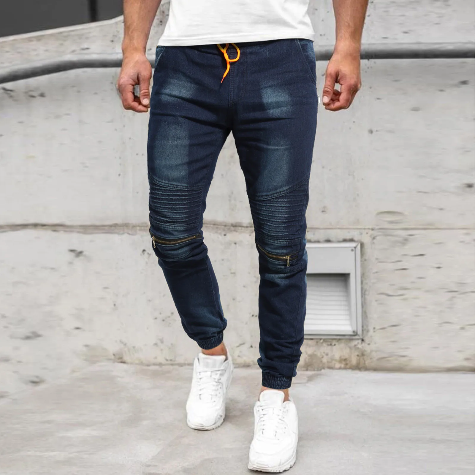2021 Men's Casual Fitness Jeans Patchwork Bodybuilding Pocket Skin Full Length Sports Pants High Quality Comfy All Season Jeans 2