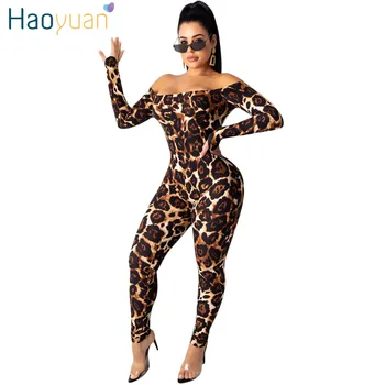 

HAOYUAN Sexy Leopard Rompers Womens Jumpsuit Rave Fall Body Overalls One Piece Outfits Off Shoulder Long Sleeve Bodycon Jumpsuit