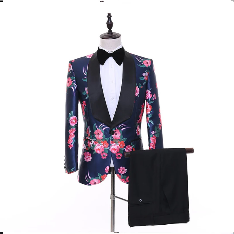 

Single-breasted Slim Men Suits 2020 New Fashion Floral print Host costume Men Suits 2 pcs Mariage Homme Wedding tuxedo Suit