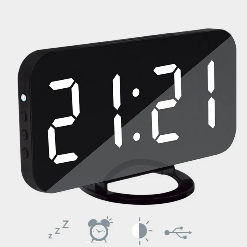 Electric LED Alarm Clock with Dual USB Wireless Charger Desktop Digital Clock HD Mirror Clock With Date 12/24 h Switch 4 Color