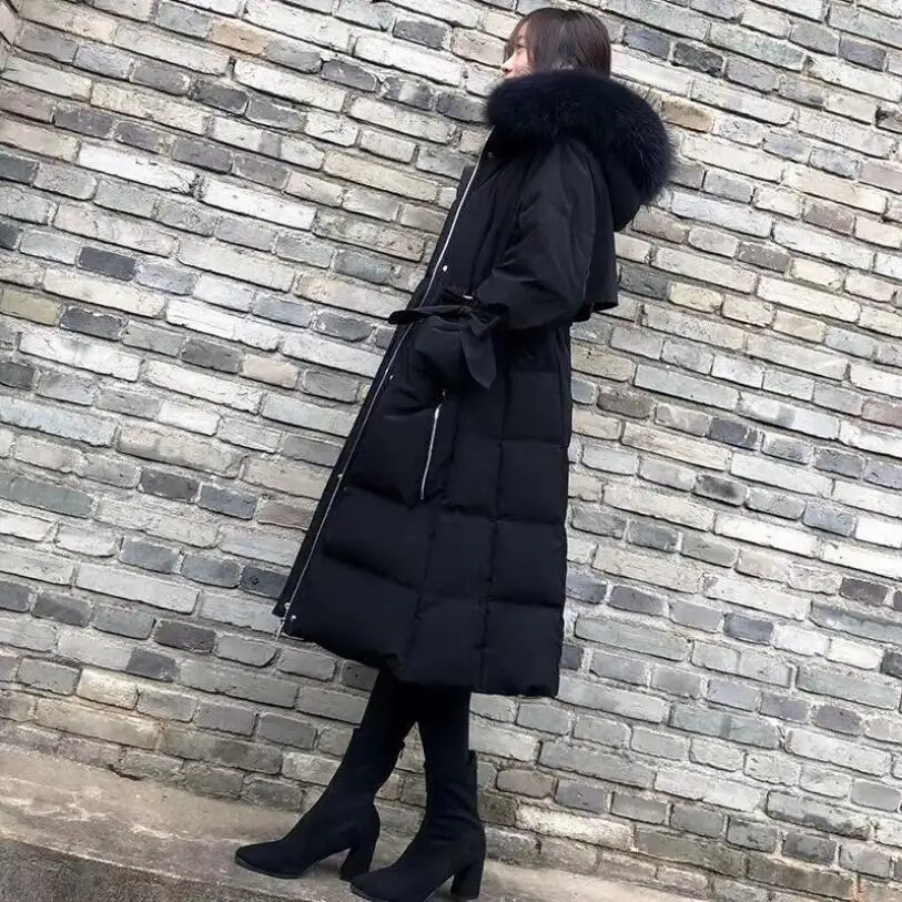 Fake fur collar Енота большой меховой воротник плотный пуховик женский длинный участок на талии Белая куртка с утиным пухом женские - Цвет: Fake fur collar