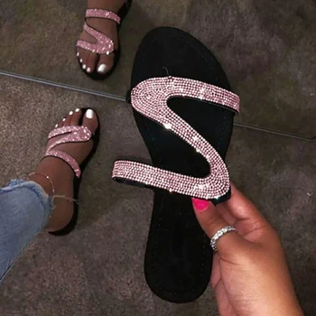 

2020 New Summer Women Slippers Fashion Bright Diamond Crystal Beach Slipper Flat Shoes Women Slides Flip Flops Outdoor Sandals