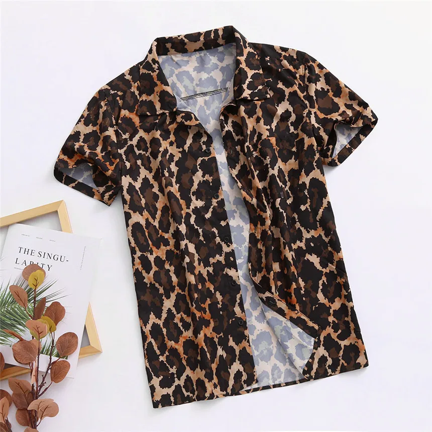 KLV Shirts Men's Summer Fashion Casual Lapel Leopard Short Sleeve Shirt Top Blouse Camisas Hombre Comfortable Leisure Shirt