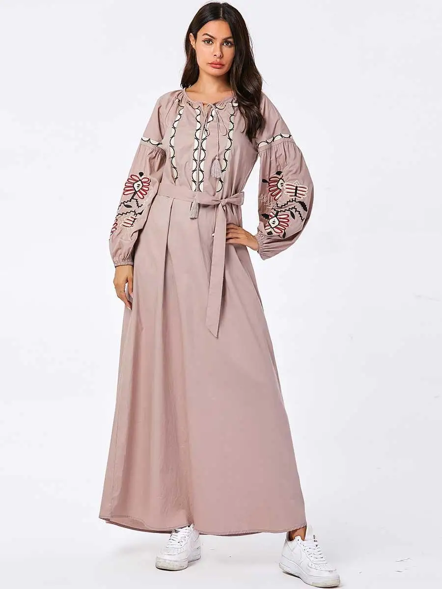 Мусульманские женские буфы на рукавах с вышивкой abaya кафтан с длинным рукавом Макси Вечерние коктейльные платья jilbaw свободная Исламская