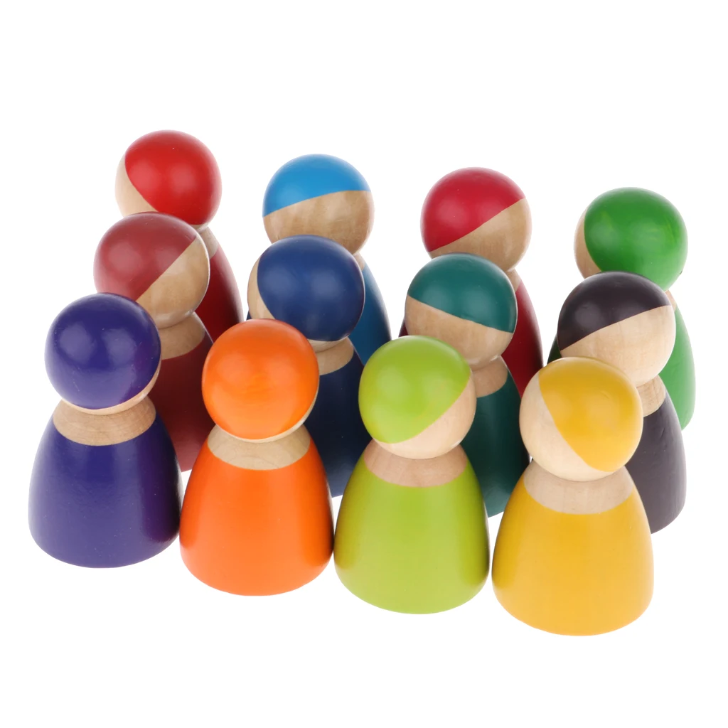 12 Pieces Rainbow Friends Peg Dolls, Little Wooden Figures People Dolls Bodies Decoration Toy Gift for Kids
