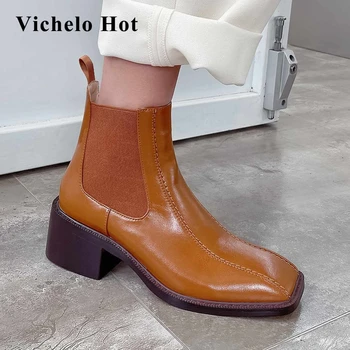 

Vichelo Hot leisure convenient energy dating punk square toe high square heels elastic band elegant lady dress ankle boots L15