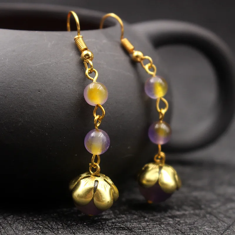 purple long Yanting желтый Stone камень серьги золотистого цвета цветок висячие серьги Подарки для женщин простой дизайн ювелирные изделия ручной работы 0121 - Окраска металла: purple long