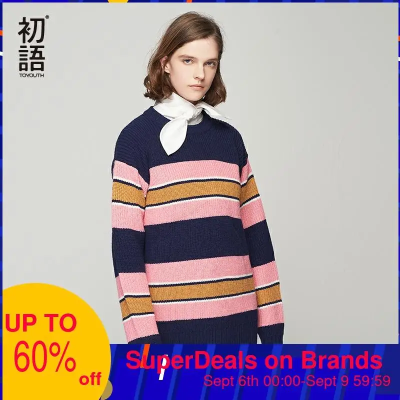 Toyouth Striped Long Sleeve Women Pullovers Round-Neck Casual Female Sweaters Loose Stylish Knit Sweater Plus Size Ladies Tops | Женская