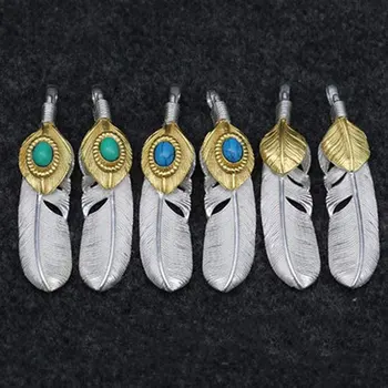 

Takahashi Kagura Goro's Silver Gold Feather Feather Pendant Handmade Phnom Penh Build Turquoise Necklace Pendant Pendant