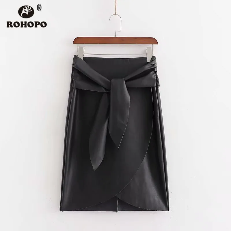 ROHOPO искусственная кожа вырез черный до колена юбка пояс-бабочка Высокая Талия Расклешенный подол осень кожа Falda#2651 - Цвет: As Picture