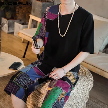 

INCERUN Men Sets Printed Round Neck Short Sleeve T Shirt Vintage Elastic Waist Casual Pants Streetwear Ethnic Style Men Sets 3XL