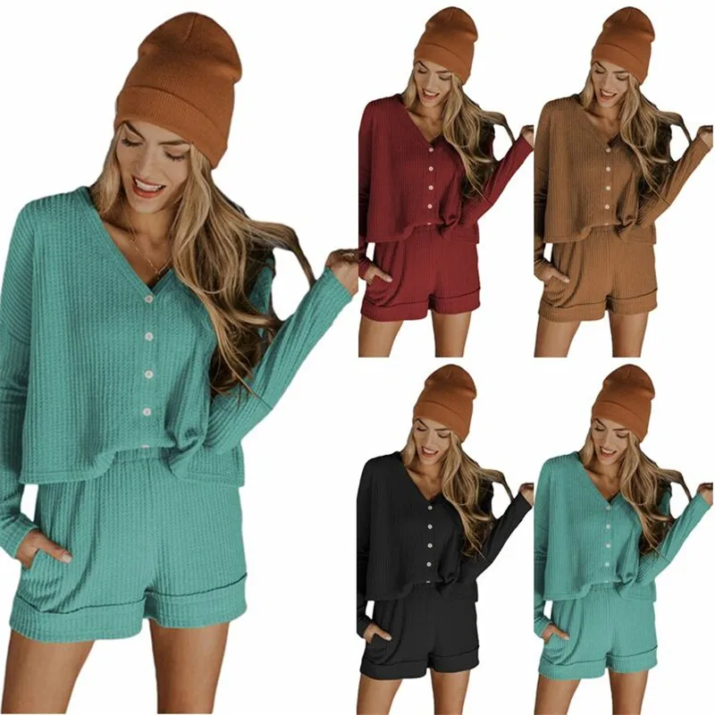 

New Women Pajama Sets Spring Summer Waffle Pattern Home Suit Ladies Long-sleeved Shorts Set Pyjama Female Fashion Girls Homewear
