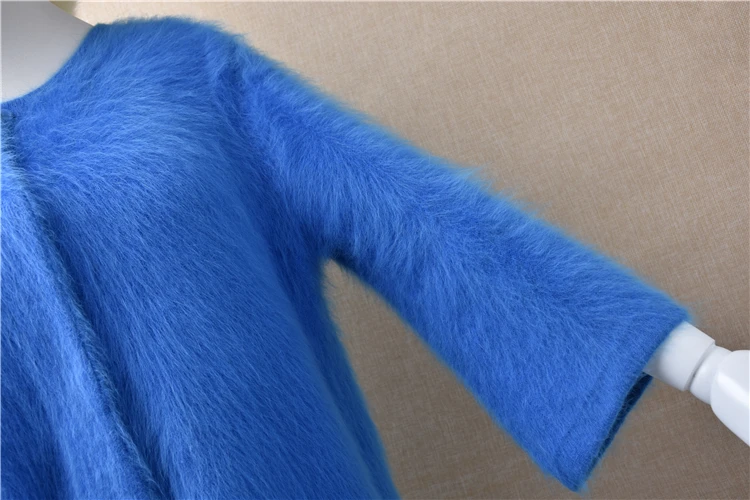 Элегантный женский синий свободный свитер с круглым вырезом и длинным рукавом, шерсть, норка, кашемир, мех ангоры, кролик, вязаный свитер, пальто, кардиган, куртка