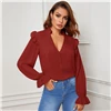 SHEIN Red Ruffle Trim Buttoned Front V Neck Blouse Top Women Spring Autumn Sheer Blouses Flounce Long Sleeve Solid Elegant Tops