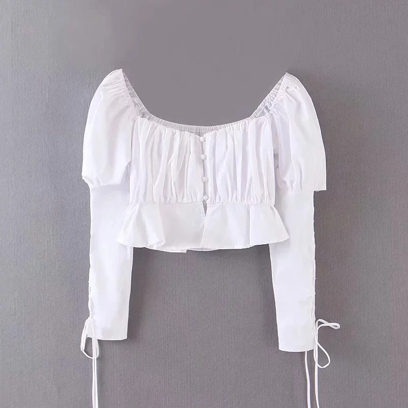 Увядшие ins Винтаж блоггер blusas mujer de moda Сексуальный Бандаж квадратный воротник кимоно короткие блузки женские топы и блузки