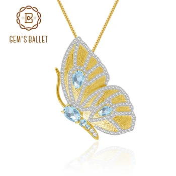 

GEM'S BALLET Natural Sky Blue Topaz Gemstone Pendant Jewelry For Women 925 Sterling Silver Golden Handmade Butterfly Brooches