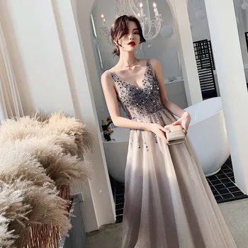 

Backless Sexy Beads Evening Party Dress For Young Lady High Split Sequins Cheongsam Deep V-neck Qipao Spaghetti Strap Maxi Gown