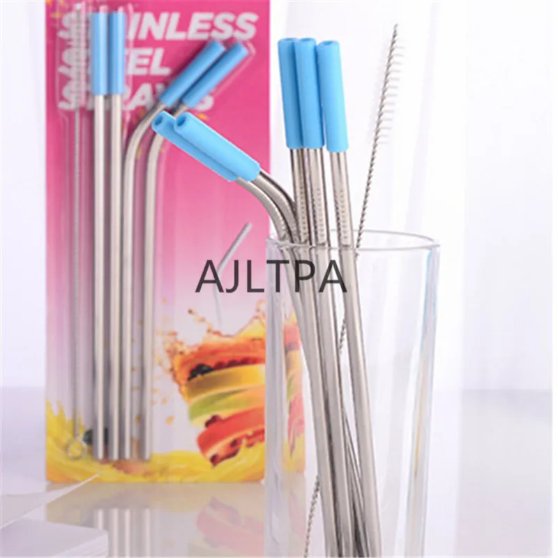 50 компл./лот многоразовый силикон наконечники крышка из нержавеющей стали прямые гнутые соломинки мешок кисти металлические соломинки крышка CT0401