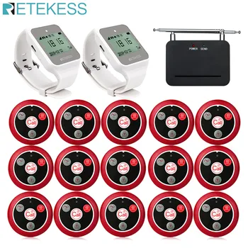 

Retekess Restaurant Pager Wireless Call Waiter 2pcs TD108 Watch Receiver+TD021 Signal Repeater+15pcs T117 Call Button