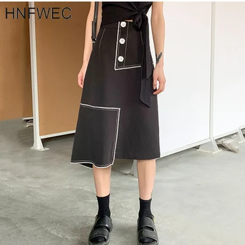 

High Elastic Waist Patchwork Button Hit Color Asymmetric Half-body Skirt Women Fashion Tide New Spring Autumn 2020 V674