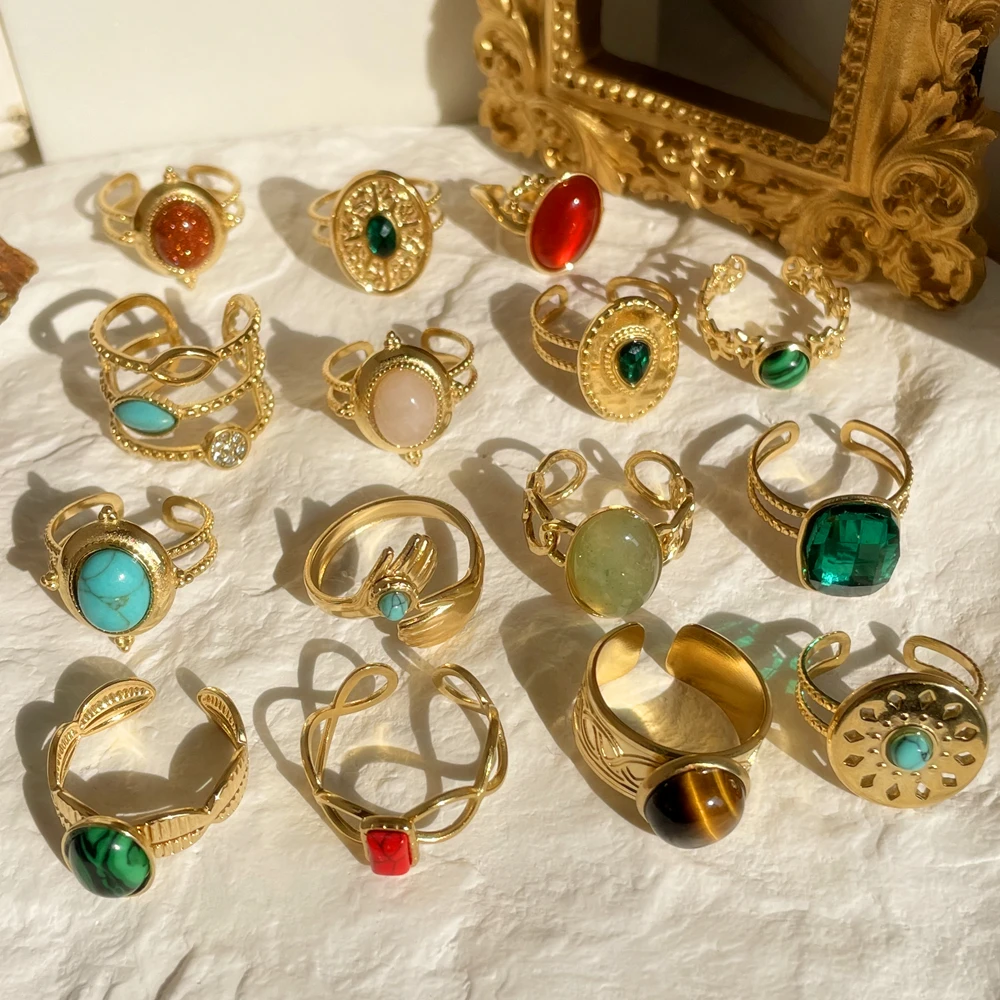 Colorful Natural Stone Stainless Steel Rings for Women