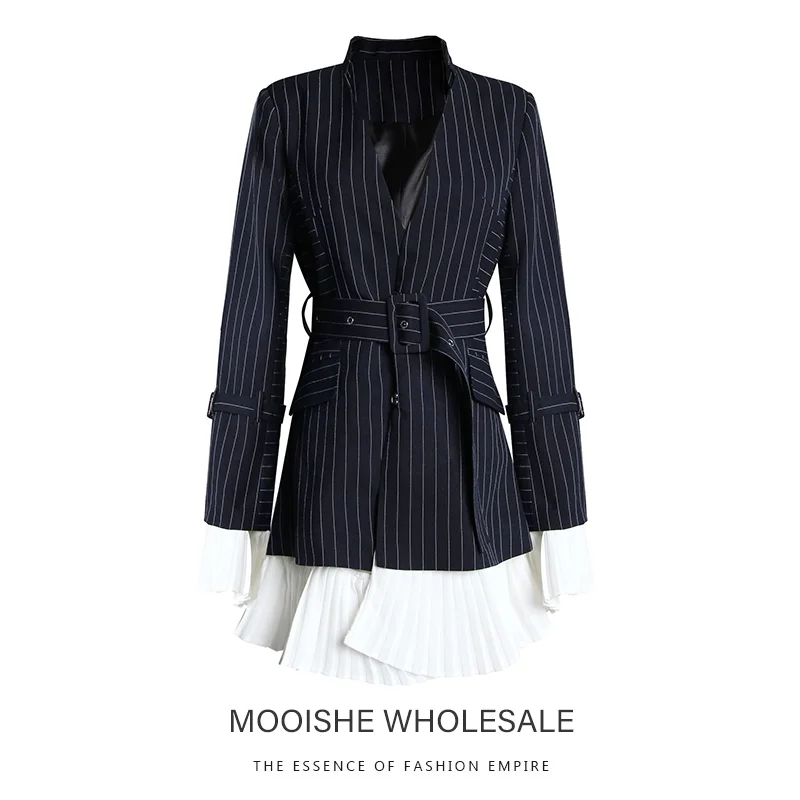 

2019 Autumn New Coat Stitching Detachable Wrinkle Hem Flare Cuffs Slim Temperament Striped Blazer Coat Female