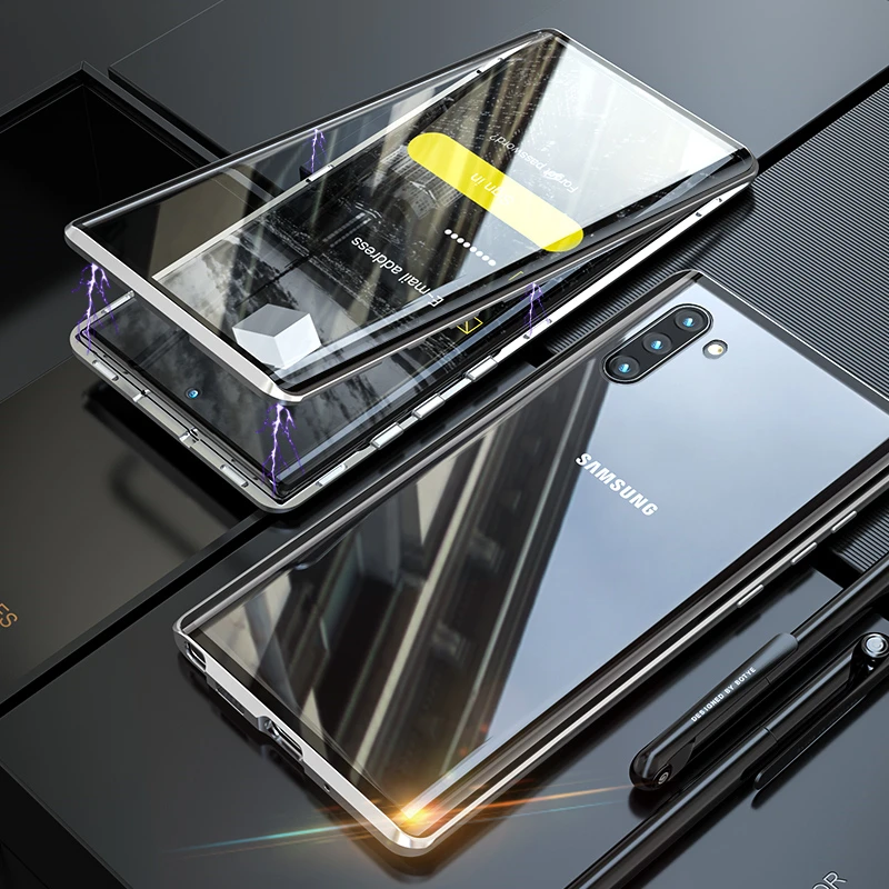 360 двойной Магнитный чехол с полной защитой для samsung A40 A50 A70 S10, чехол из закаленного стекла для Galaxy Note 10 PLUS, чехол