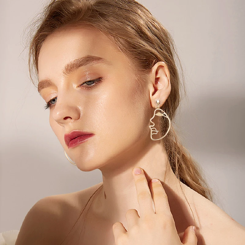 

Makersland Abstract Face Metal Dangle Earrings Ethnic Fun Golden Stud Earrings Hollow Out Picasso Earrings Alloy Drop Earrings