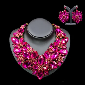 

Africa Europe and America Colourful Glass Rhinestone Exaggeration Bride Necklace and Earrings Set for Women