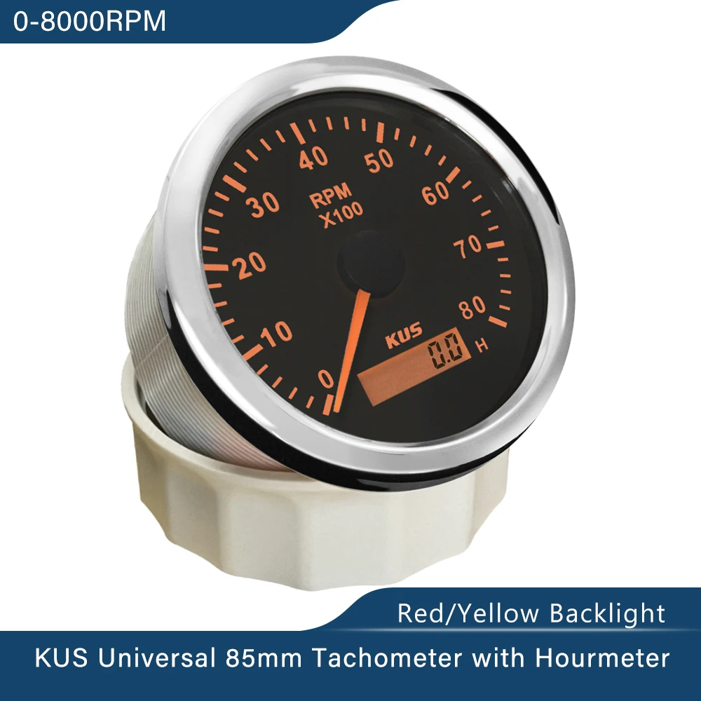 KUS Tachometer RPM Gauge REV Meter with Hour Meter 0-6000RPM 85mm 12V/24V with Backlight KUS Tachometer RPM Gauge REV Meter with Hour Meter 0-6000RPM 85mm 12V/24V with Backlight