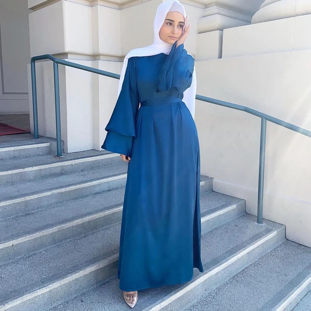 Ramadan Eid 2021 Women Summer Abaya Dress Maxi Loose Satin Long Layered Flare Sleeve A line Muslim Dubai Arab Plain Gown Party 2