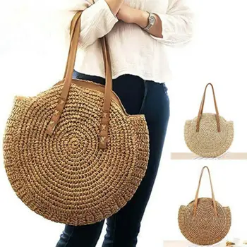 

Fashion Vintage Women's Handbag Solid Straw Woven Large Capacity Circular Messenger Bag Shoulder Bag 28x25cm