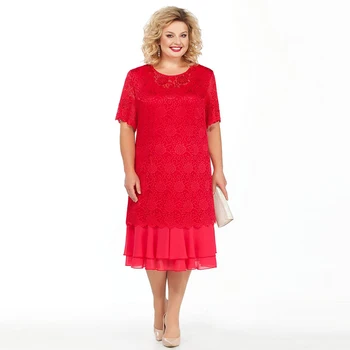 

2020 New Red Lace Tea Length Jewel Neck Mother of the Bride Dresses With Half Sleeves Wedding Party Gowns Tier Skirt
