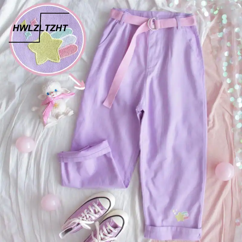Harajuku Cartoon Embroidery Denim Pants Women Japanese High Waist Vintage Purple Pants Korean Kawaii Girls Wide Leg Trousers Pants Capris Aliexpress