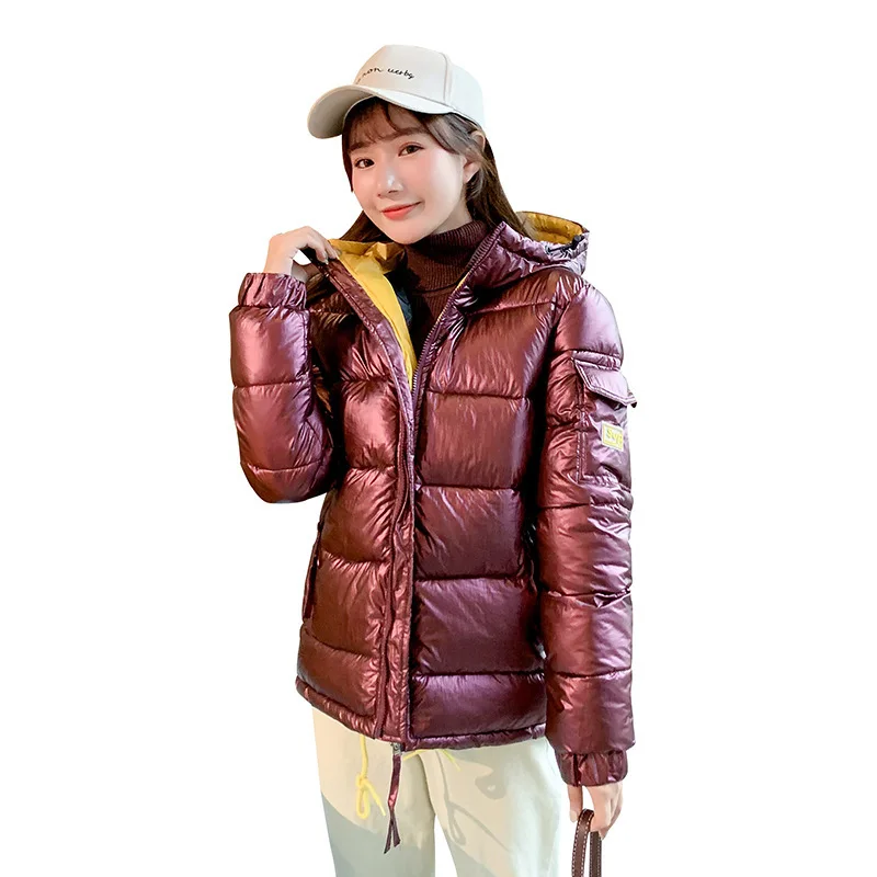 

FORERUN Women Winter Jacket Hooded Glossy Puffer Jacket Cotton Padded Silver Coat Solid Outwear Parkas Mujer 2019