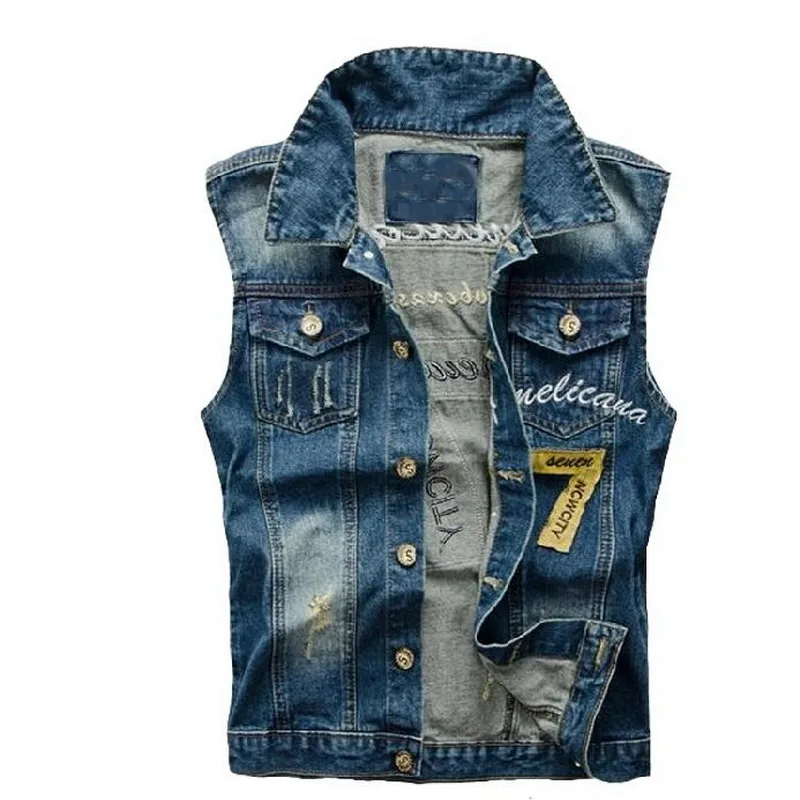 Men's Denim Vest Male Slim Fit Sleeveless Jackets Men Hole Jeans ...