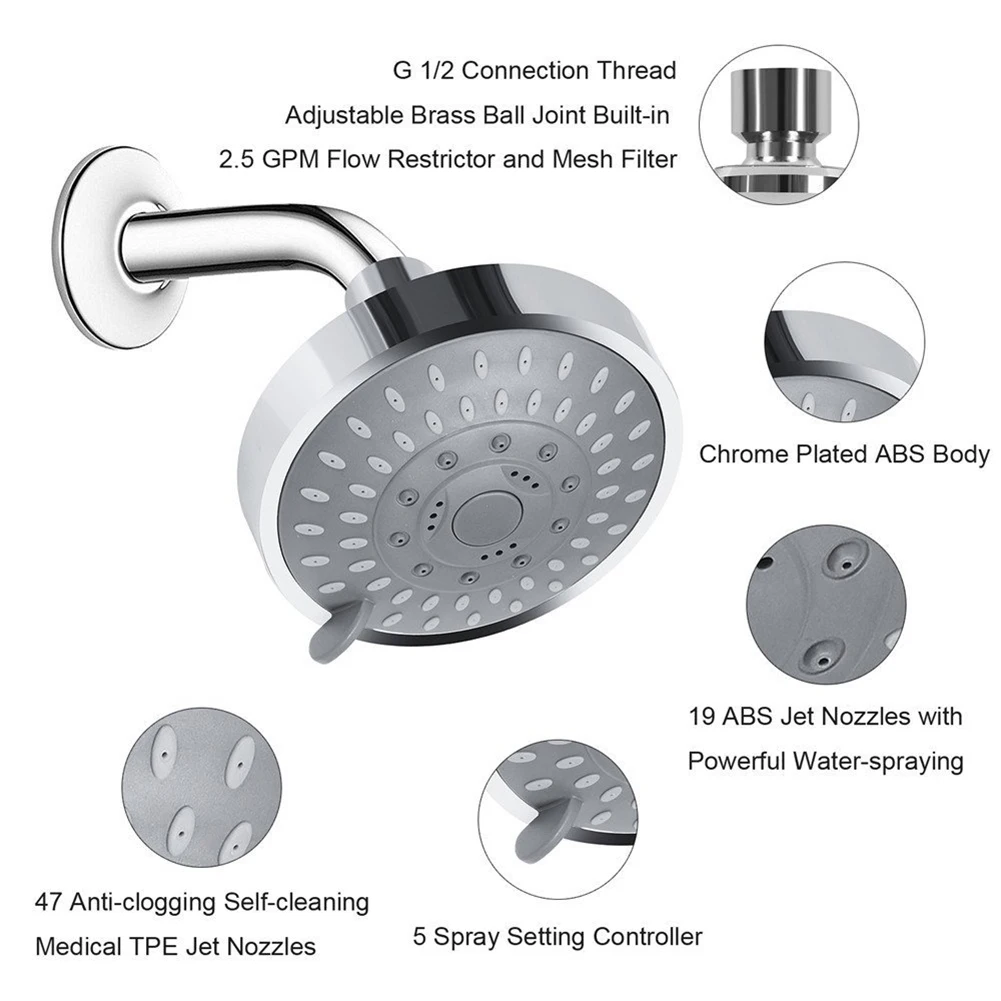 Насадка для душа из АБС пластика 5 режимов большая круглая хромированная насадка