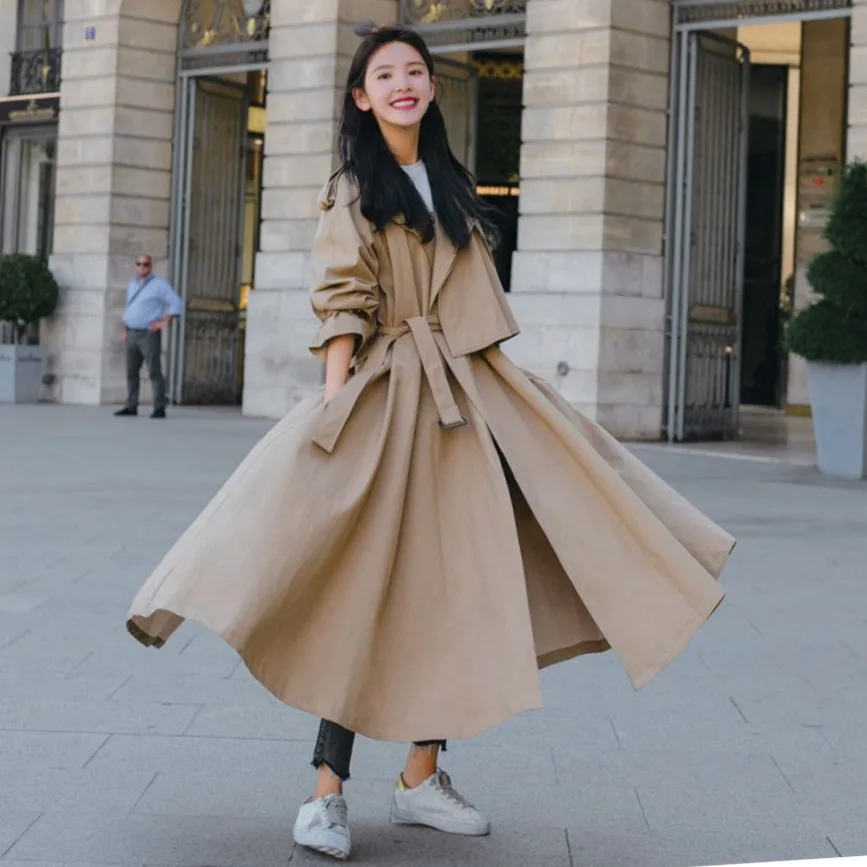 

Photo Shoot CHIC Big Hemline Waist Hugging Lace-up Slit Trench Coat Women's INS Khaki No Buckle Elegant Long Shawl Coat