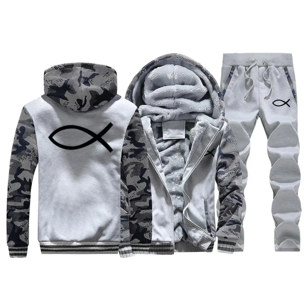 JESUS Fish Hoodies Pants Set Jesus Men Tracksuit Coat Sportswear Winter Thick Fleece Jacket Streetwear Sportswear 2 Piece Sets - Цвет: Light Gray 1