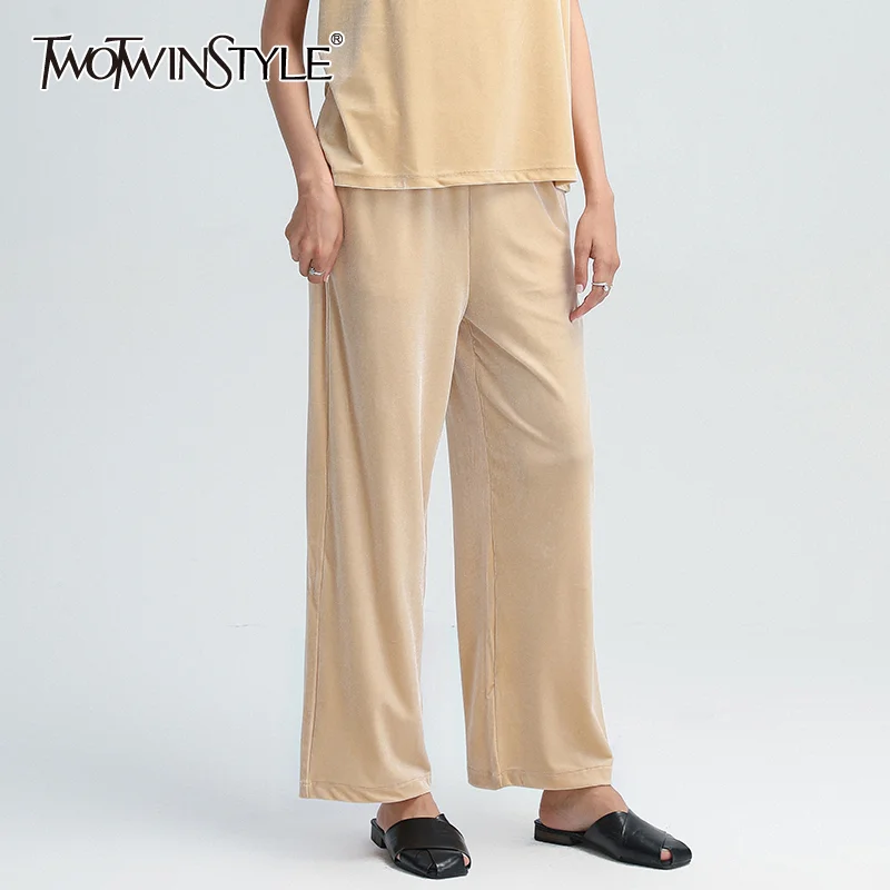 

TWOTWINSTYLE Velour Trouser For Women High Waist Pockets Oversized Looes Full Length Wide Leg Pants Female 2020 Autumn Clothing