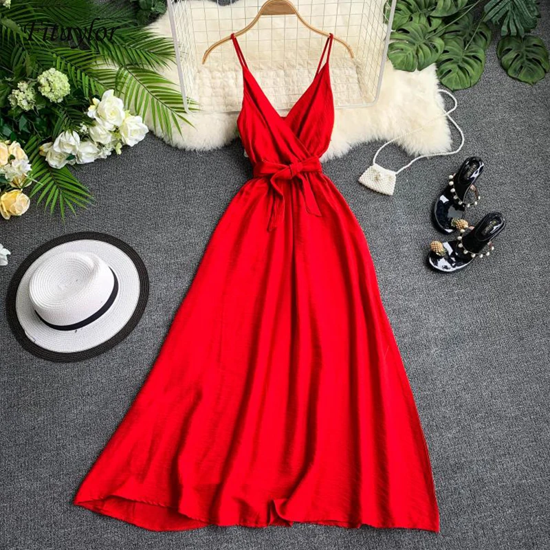 Женское платье с V образным вырезом и поясом без рукавов|Платья| |