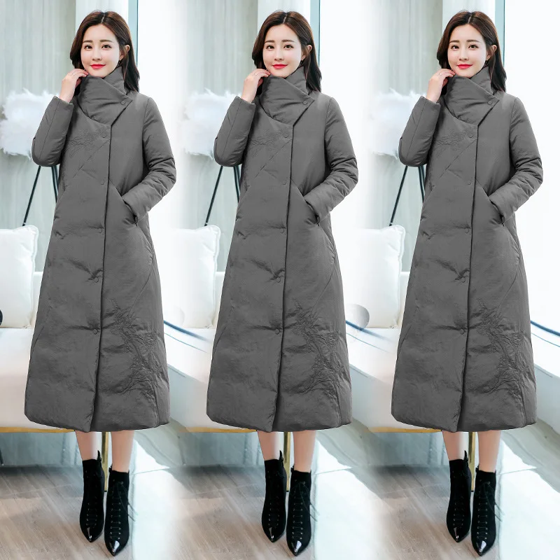

2018 Winter New Style Korean-style Geometry Joint Embroidered Long Cotton-padded Clothes Fashion Slimming Large Collar Cotton Co