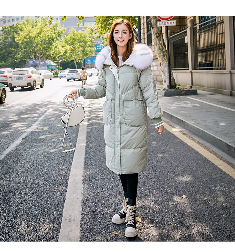 Down Jacket Women's New Style Korean-style Slim Fit Slimming Mid-length over-the-Knee Hooded Thick Large Fur Collar down Fe