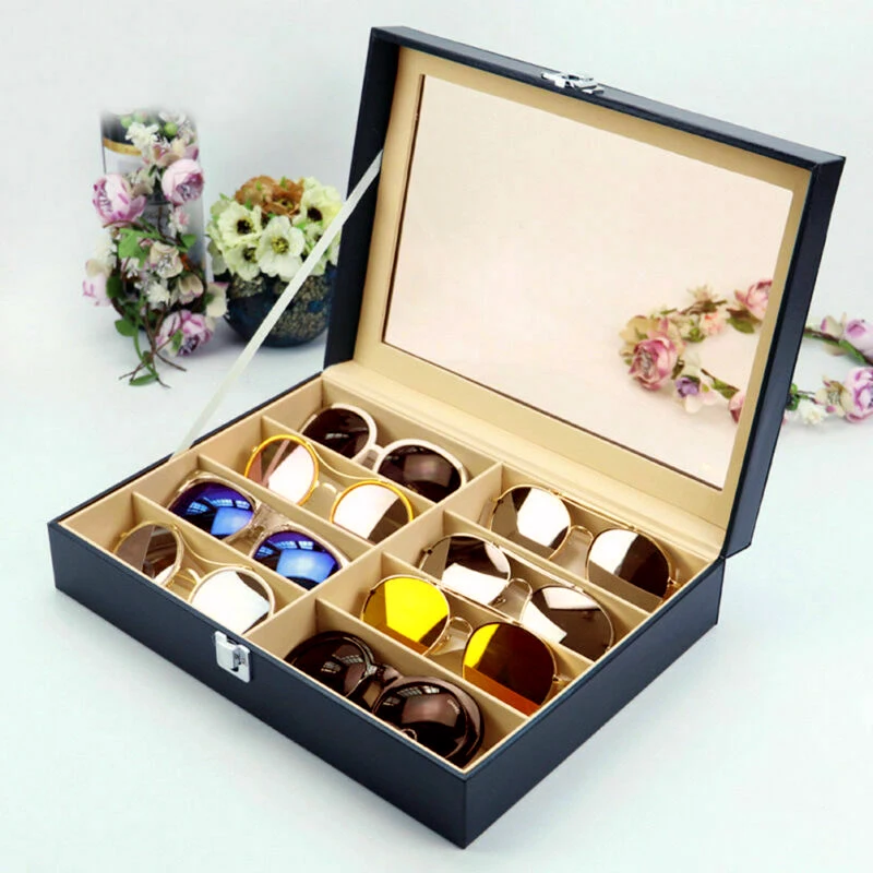 

1*Leather Eye Glasses Case 8 Grid Eye Glasses Case Sunglasses Display Storage Box Holder Organizer 33.8*25*9cm