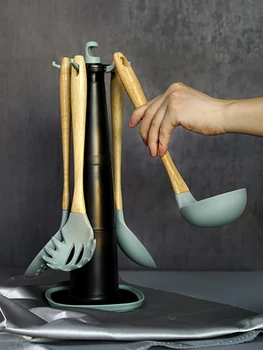 

Candy silicone kitchen set Domestic anti scalding wooden handle spoon shovel set silicone spatula kitchen appliances