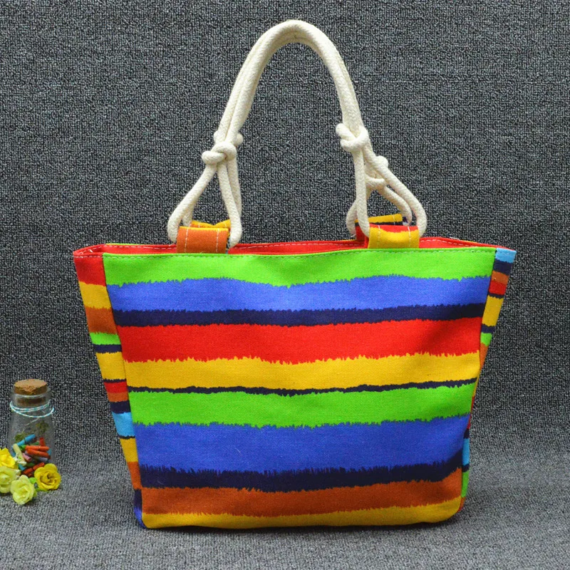

Printed One-Shoulder Zipper Large Bag Simple Diaper Bag Ethnic-Style Stripes WOMEN'S Bag Contrast Color Beach Bag